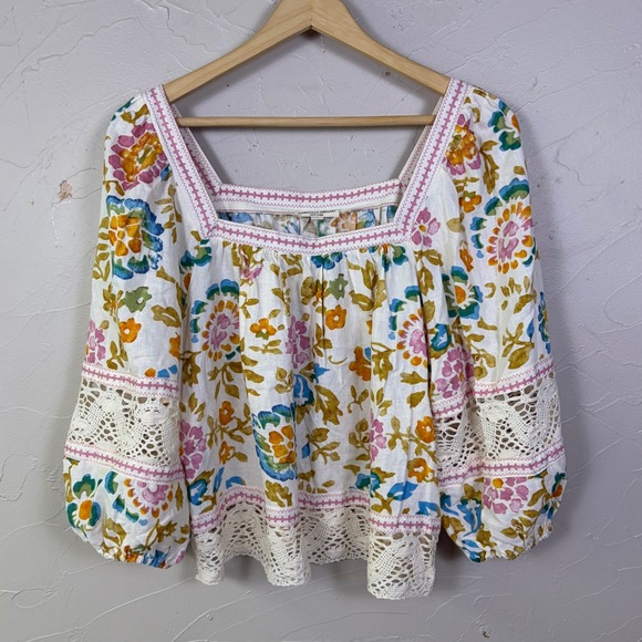 Christian Siriano Tops - Christian Siriano Floral Crochet Linen Top Women Large Boho Peasant Square Neck